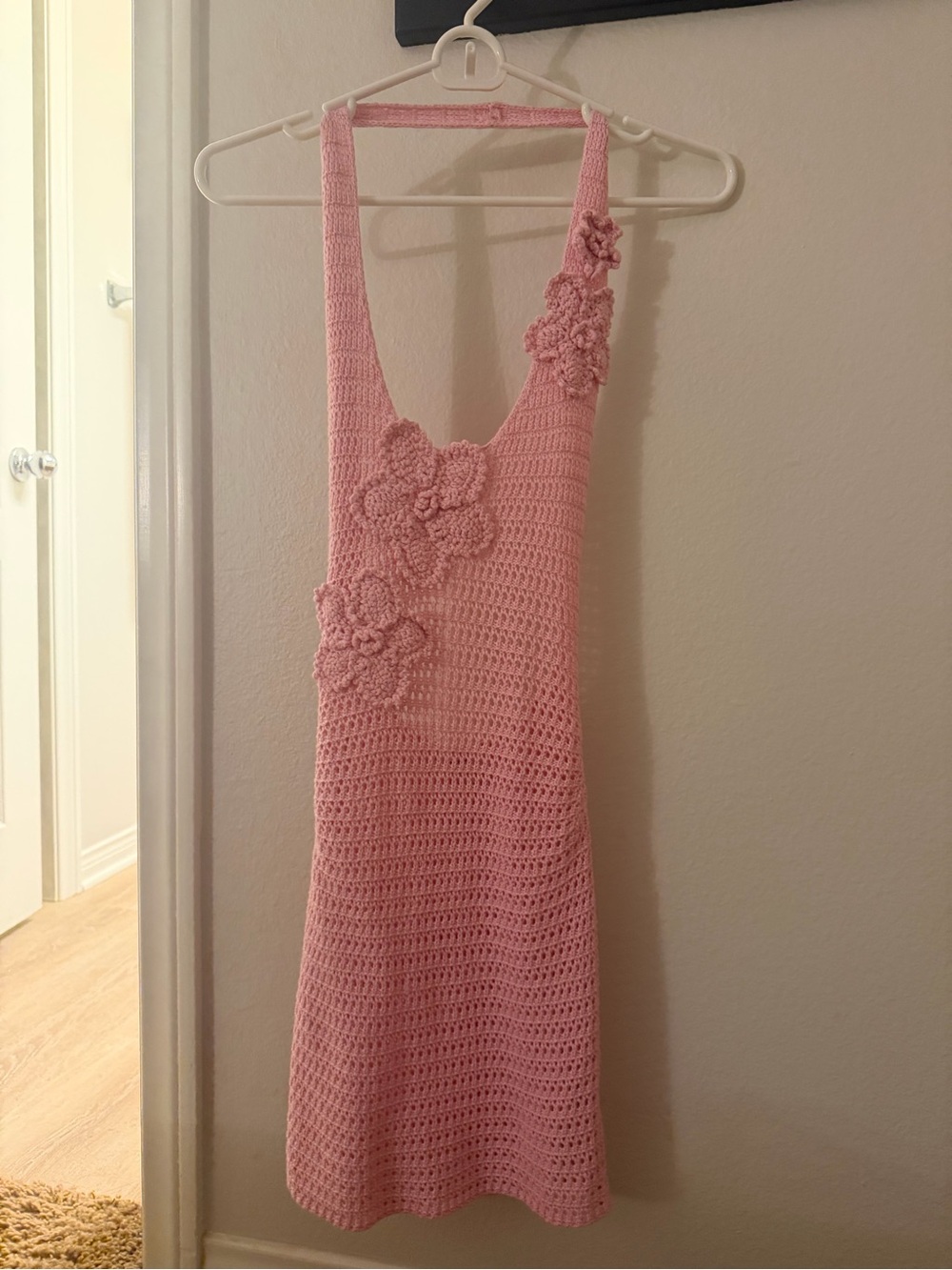 Peppermayo Pink Crochet Floral Halter Dress